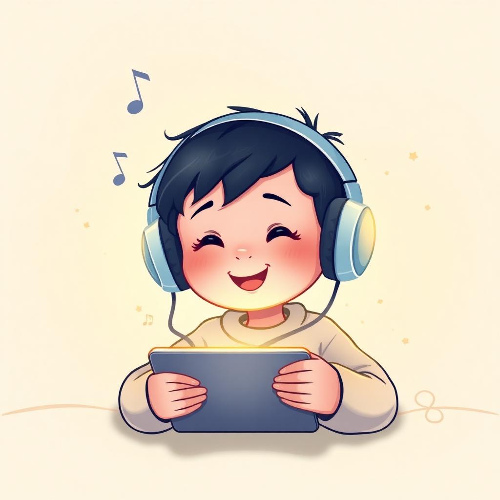 Criança feliz ouvindo a Bíblia em música